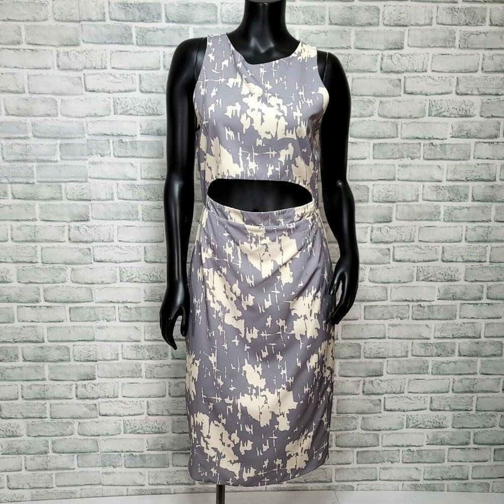 Karen Zambos‎ Size M Rhys Grey Ivory Printed Crepe Cutout Sheath Dress